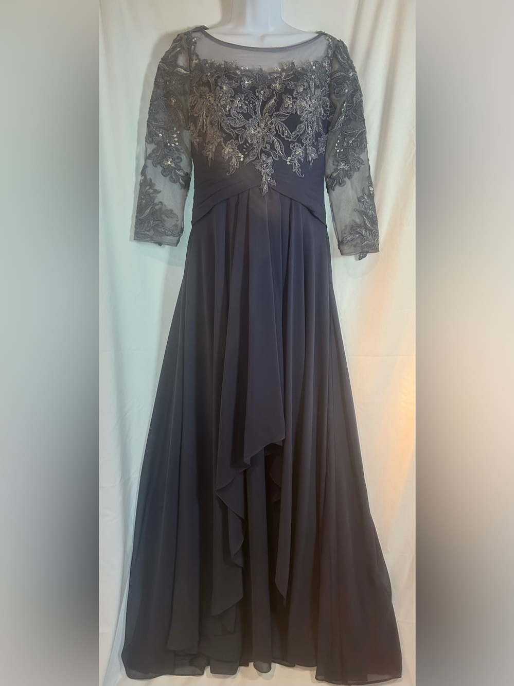 JJ’s House Navy Blue Embroidered Lace Chiffon Evening Gown High Low Dress